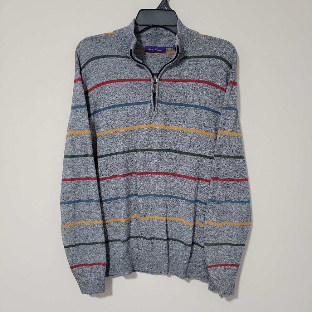 Alan Flusser Quarter Zip Sweater Mens M Gray Striped Knit Casual